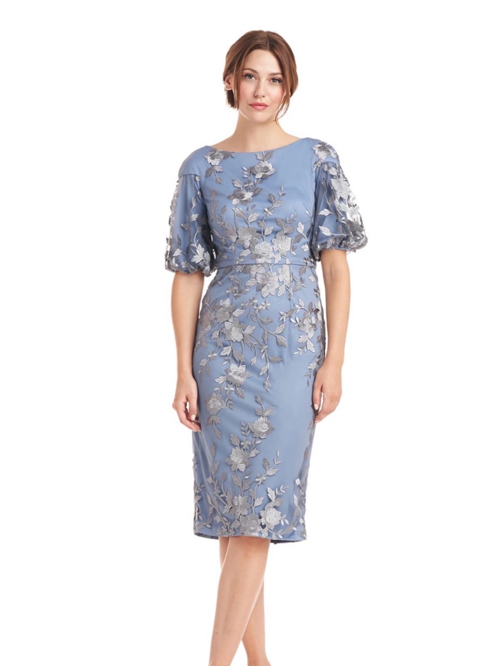 JS Collections Dusty Blue Floral Embroidered Sheath Dress